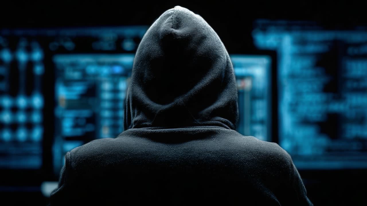 A Mysterious Figure in a Hoodie Analyzing Complex Data on Multiple Screens in a Dark Environment, Engaged in Intriguing Digital Activity