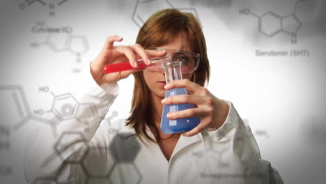 animation of chemical formula over caucasian female scientist doing experiment