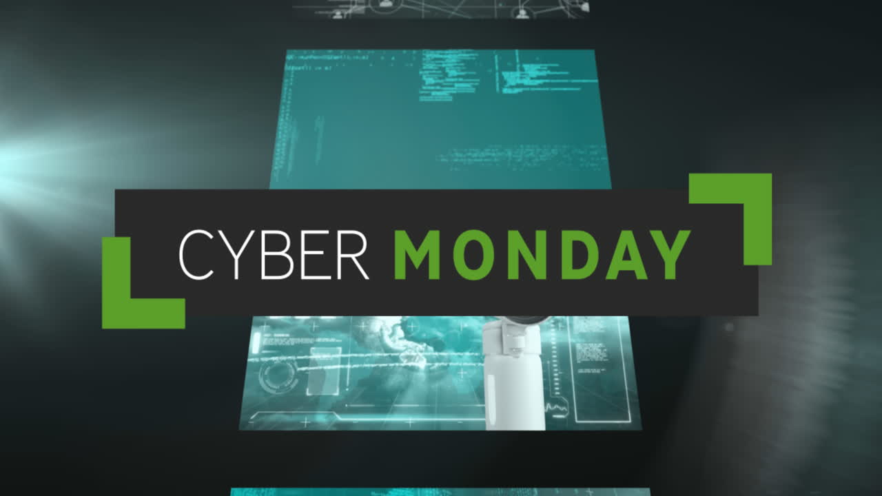 Animazione di Cyber Monday su schermi con elaborazione dati