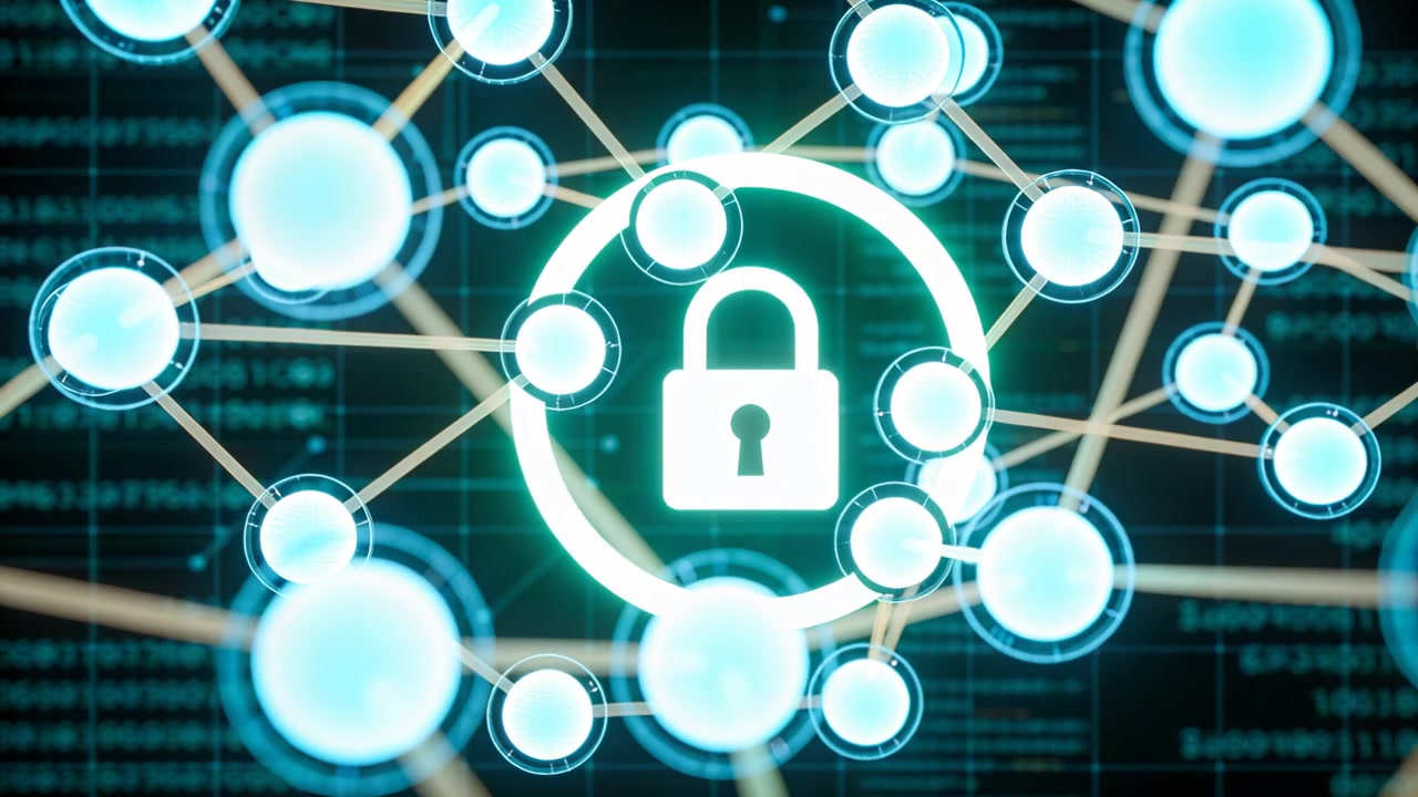 Link brightening initiating nodes moving to secure central padlock on grid with tan lines glowing