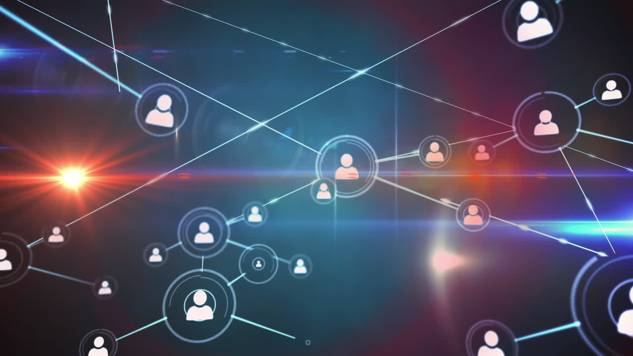 Animation of profile icons connected with lines and lens flare over abstract background