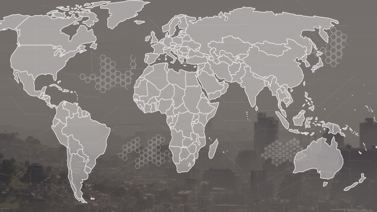 animación del mapa del mundo y procesamiento de datos frente a una vista aérea del paisaje urbano