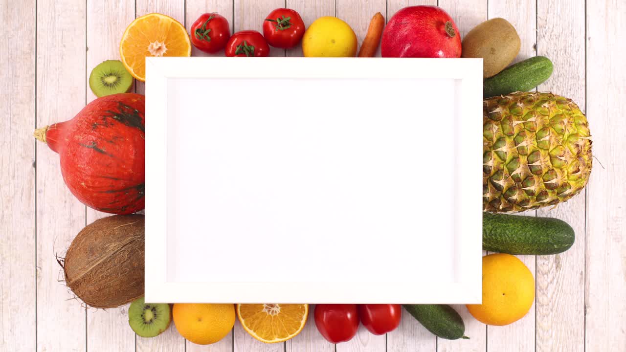 신선한 과일과 채소는 텍스트를 위해  프레임 아래로 이동합니다.