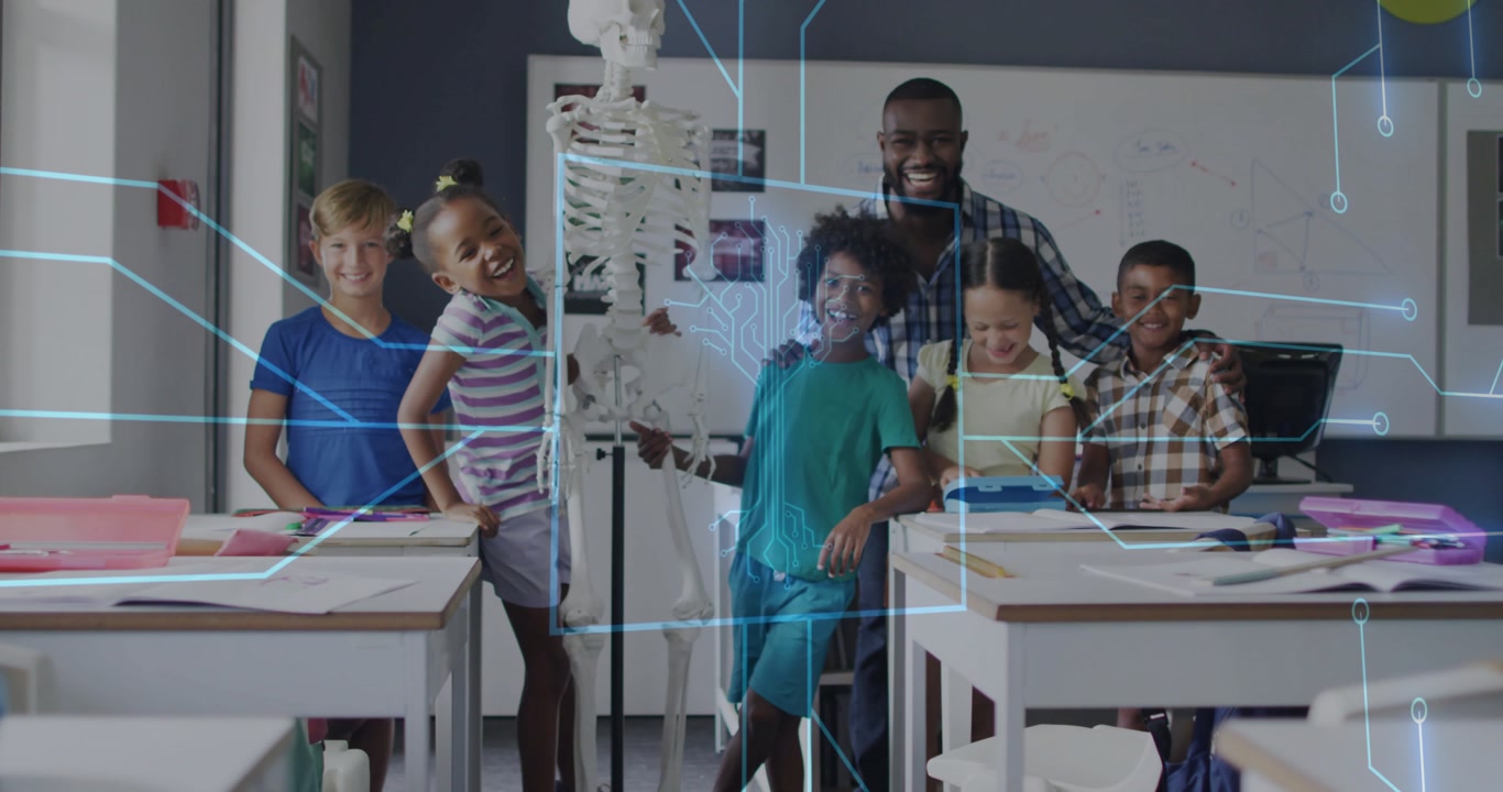 Teacher initiating science lesson by touching student shoulders, blue AR overlay highlighting bones