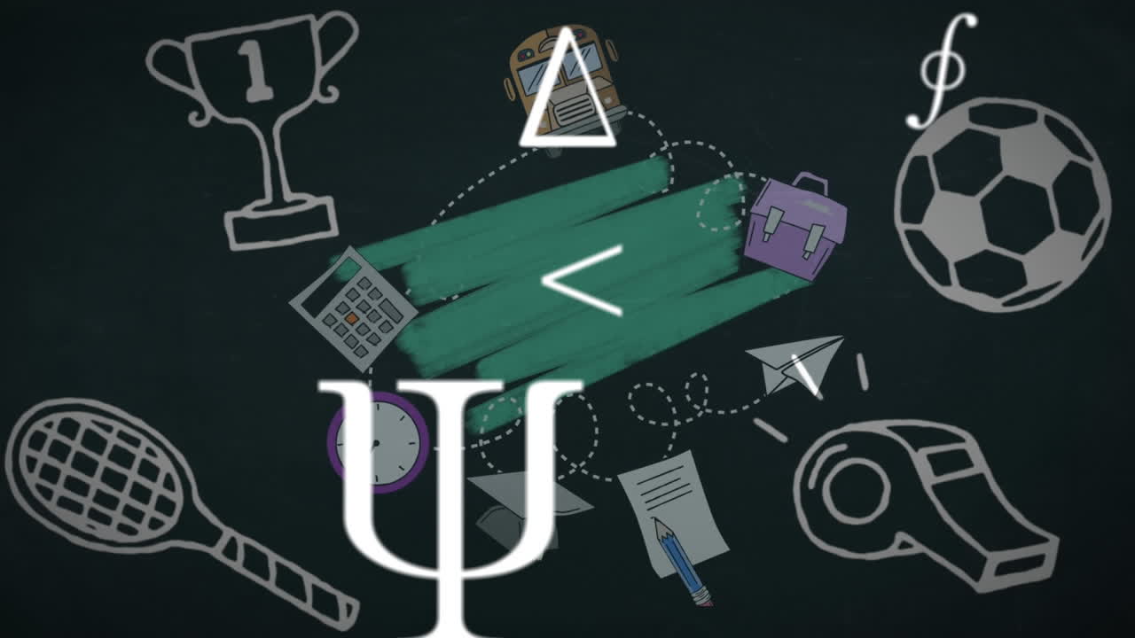 Animation of mathematical formulas and school items icons over graphics