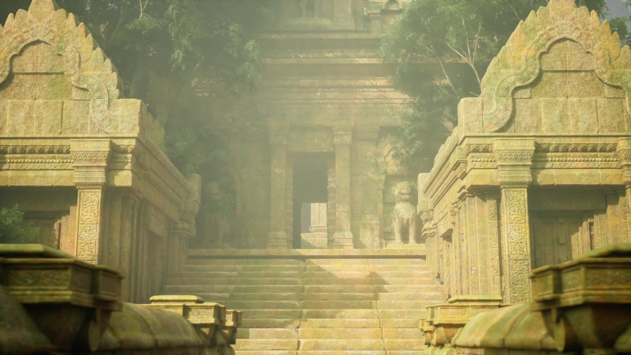 Ancient misty staircase faint fog ascends to temple interior ambiance