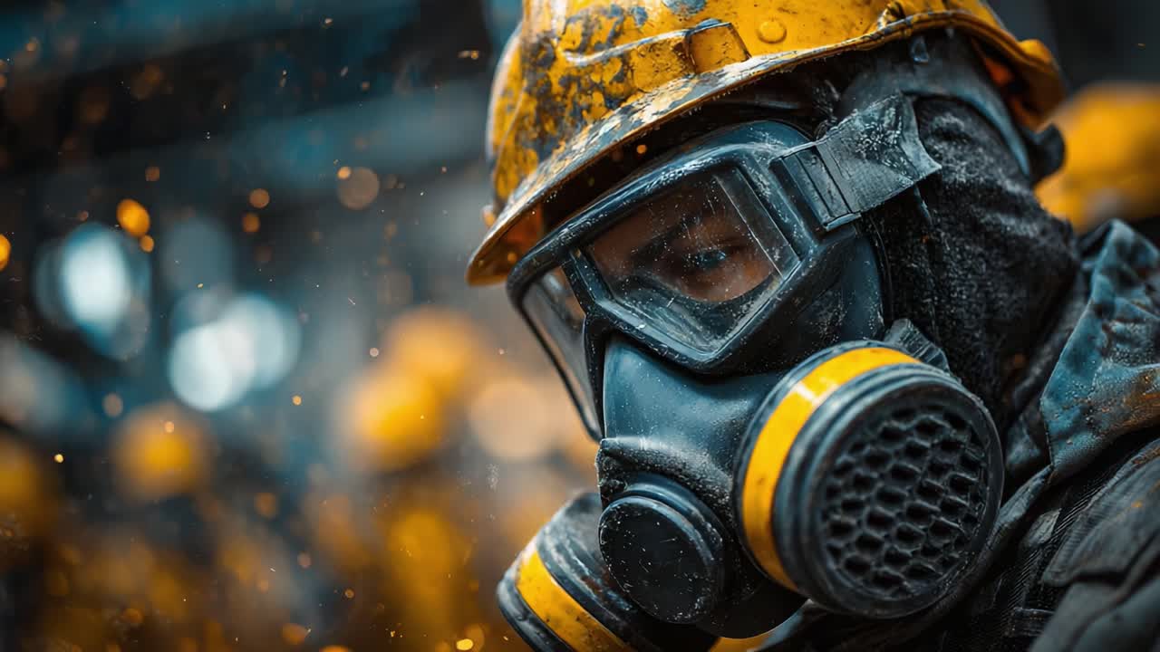 A Worker in Protective Gear Amidst Dust and Sparks: Highlighting Safety Measures in Industrial Environments with Focus on Masked Faces and Bright Helmets
