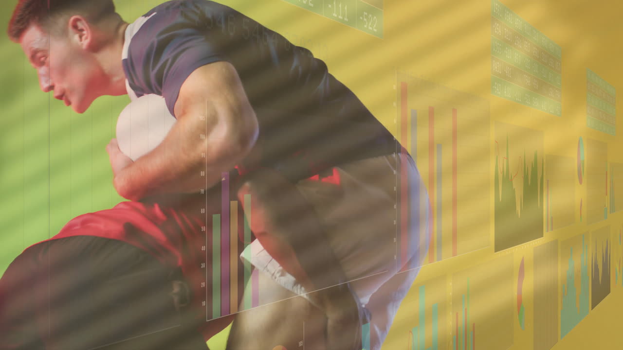 Overlaying financial data charts, rugby players in action on field