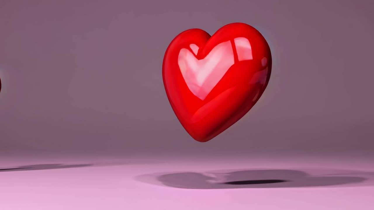 A 3D-rendered red heart floats above a pink surface, casting a shadow