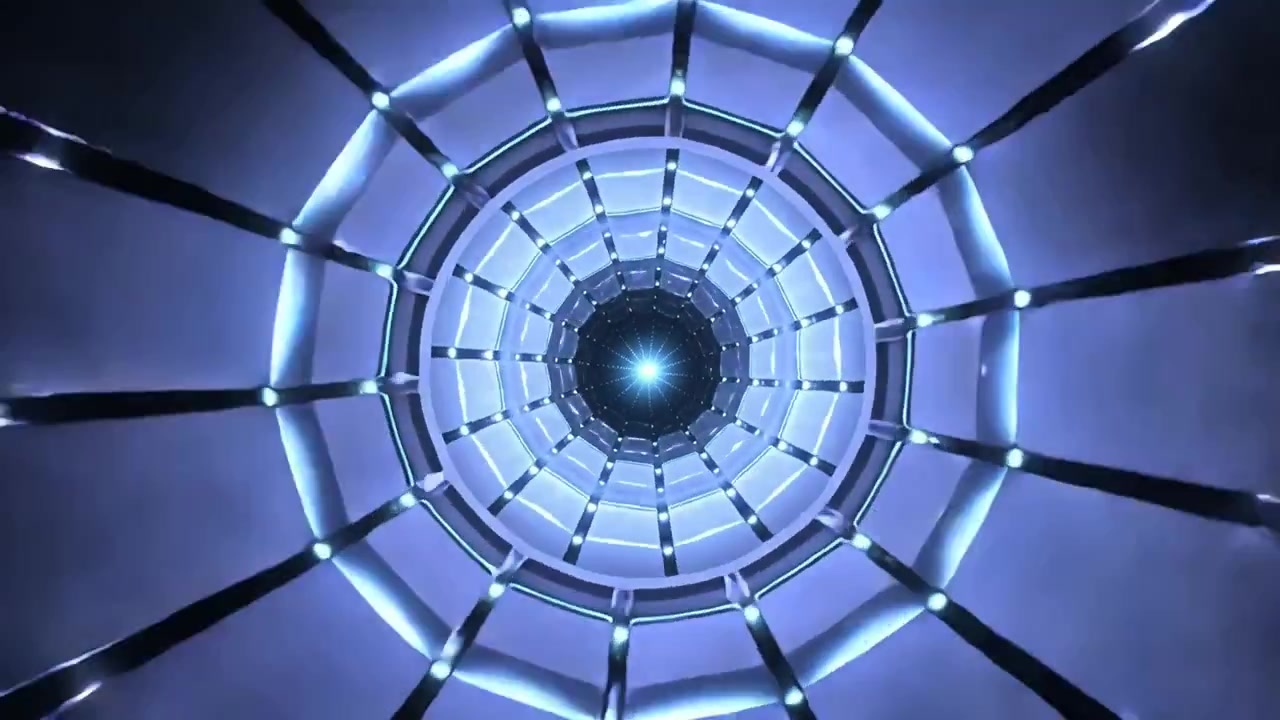 Tunnel scanalato in zoom che si trasforma in un tubo virtuale, rivelando un nucleo incandescente, nodi pulsanti e sfaccettature.