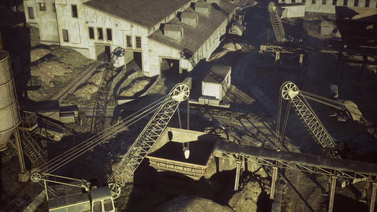 Industrial landscape showing activity at a construction site during sunset