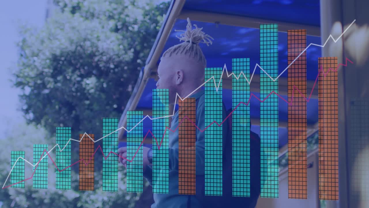 Man tapping smartphone under blue canopy, checking financial data as charts expanding across frame