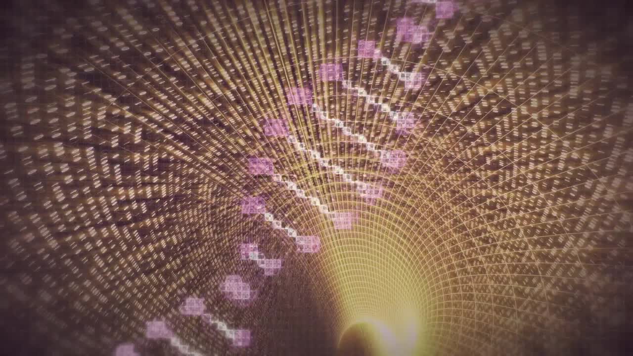 animación de la cadena de adn sobre el túnel digital rosa
