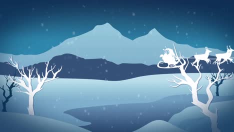 Animation-Des-Weihnachtsmanns-Im-Schlitten-Mit-Rentieren-über-Fallendem-Schnee-Und-Winterlandschaft