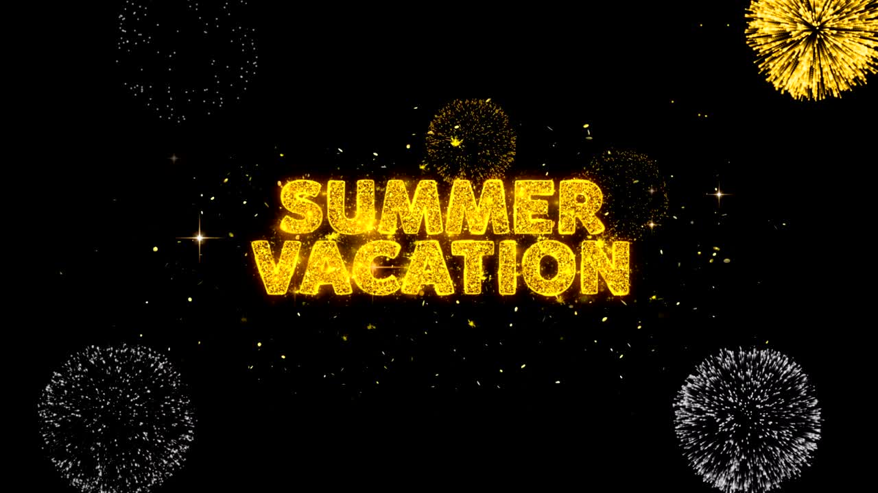 여름 휴가 텍스트는 반이는 황금 입자 불꽃놀이에 나타납니다.