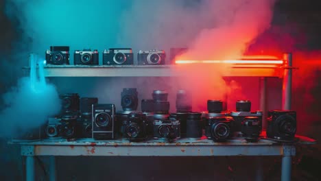 Collection of Vintage Cameras on a Shelf with Neon Lighting