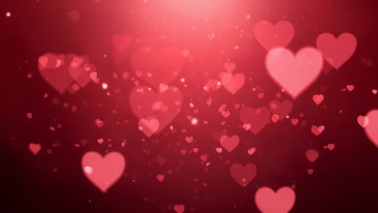 Bagliore superiore iniziale che invia un campo di cuori che fluttua verso il basso su uno sfondo rosso con particelle che creano profondità