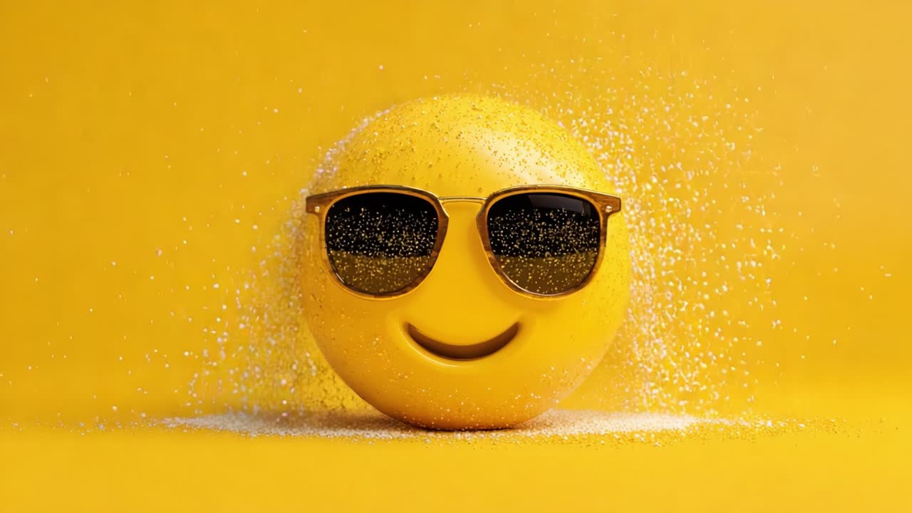 A Cheerful Smiling Emoji with Sunglasses Surrounded by Glittering Particles Against a Bright Yellow Background, Perfectly Capturing a Playful and Vibrant Mood