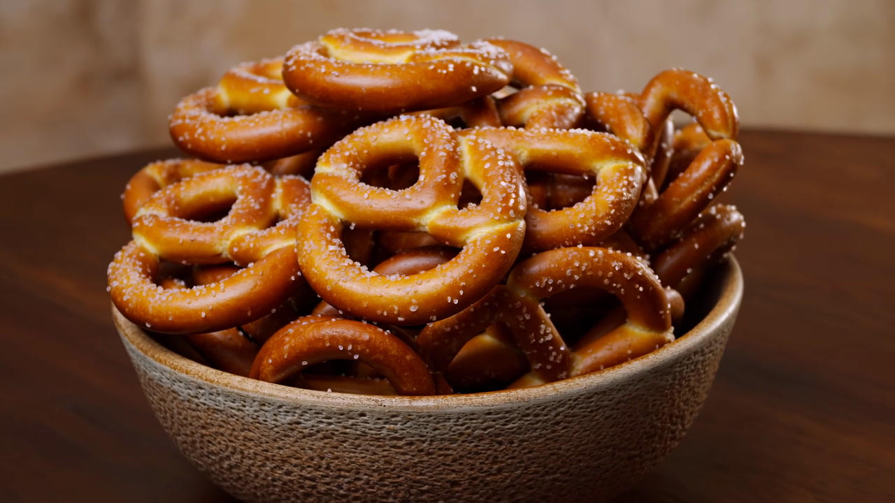 Bowl Of Salted Pretzels On Table, Warm Golden Twists Sprinkled With Coarse Salt, Ceramic Bowl Resting