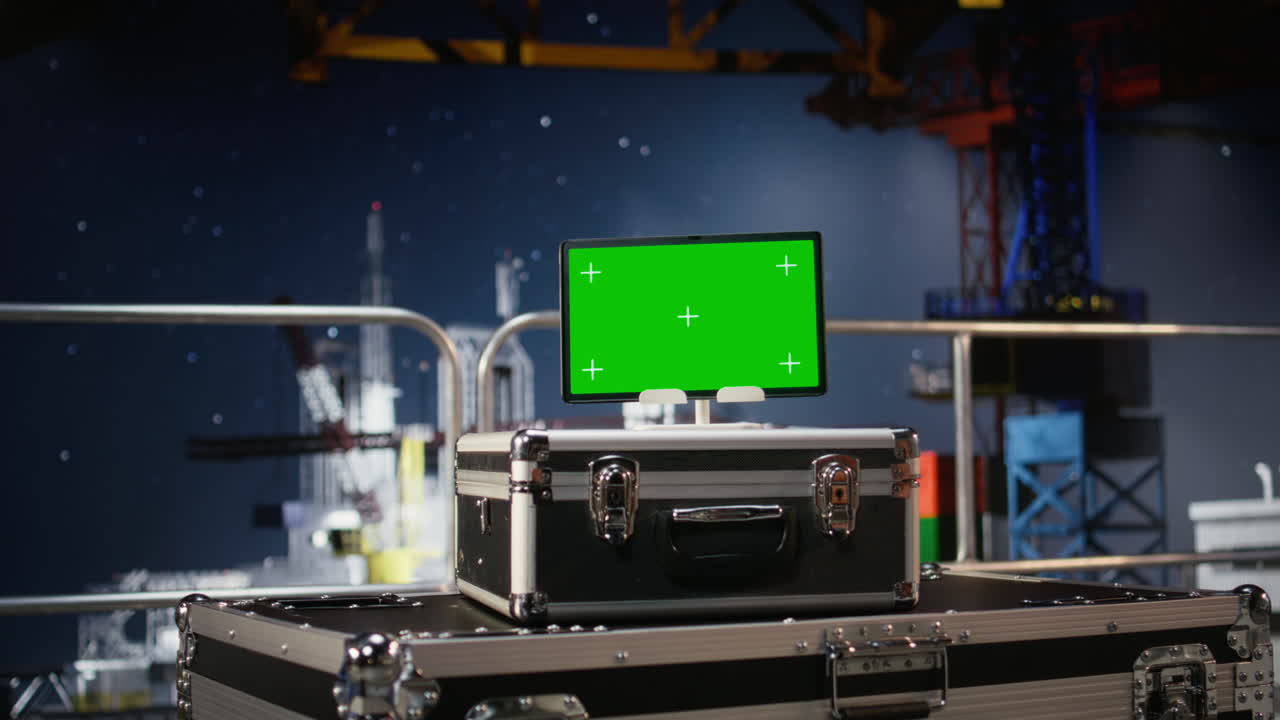 Green screen mockup tablet on industrial empty oil rig platform