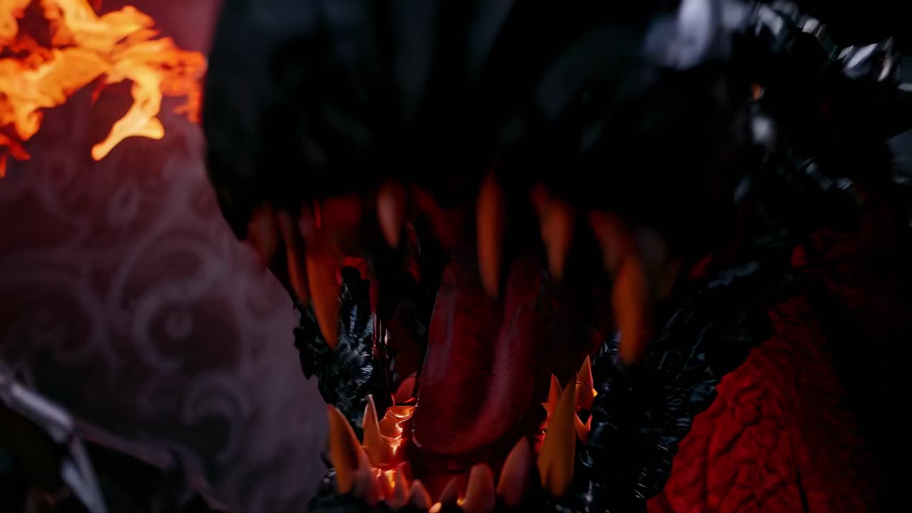 A dramatic close-up of a dragon breathing fire, captured from a low angle