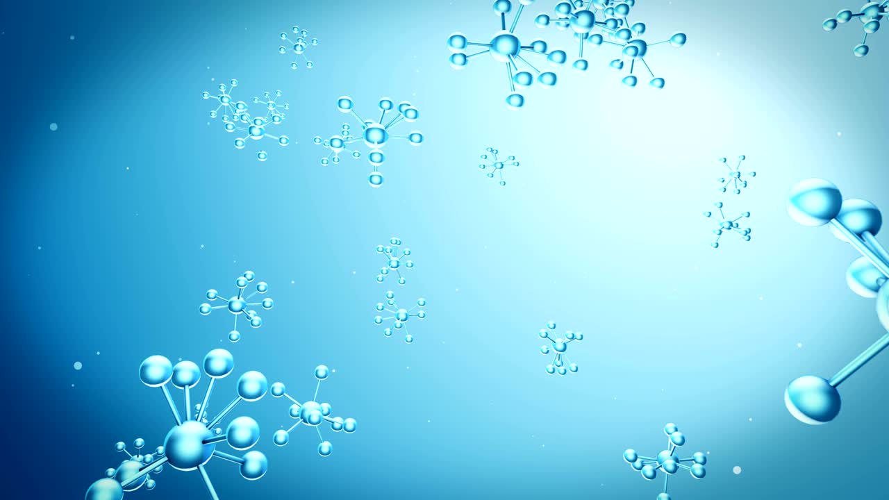 Animazione in loop continuo di molecole modello che cadono da vetro e cristallo