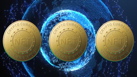 animación del texto de nft en monedas de oro y globo sobre fondo oscuro