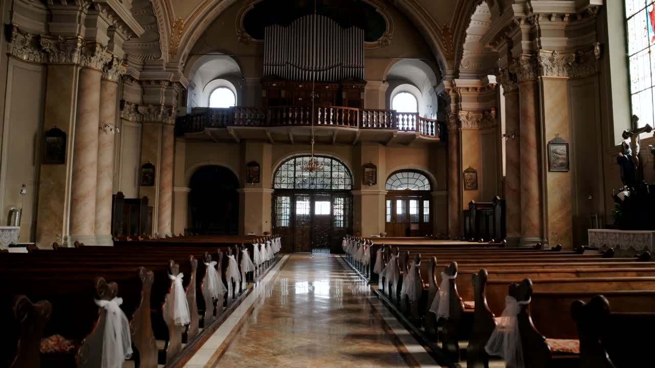 Interior Of St. Peter And St. Paul's Roman Catholic Parish In Brasov, Romania. Dolly Shot