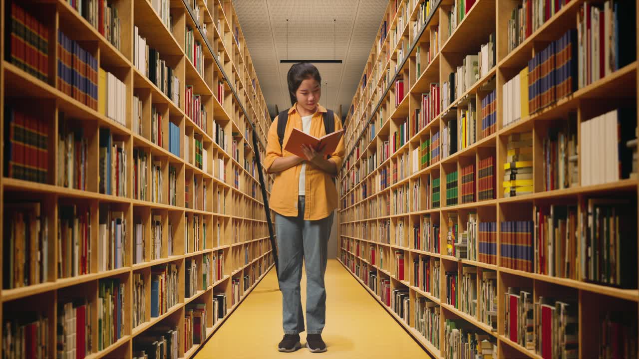 Full Body Of Asian Woman Student With A Backpack Holding And Reading A Book While Standing In The Library