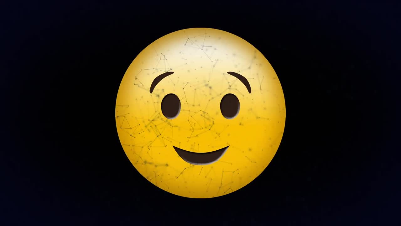 Digital animation of network of connections floating over winking face emoji on black background