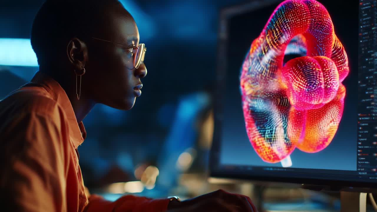 A passionate programmer engages with intricate 3D models on a computer screen, showcasing stunning visualization techniques in a modern digital workspace filled with creativity
