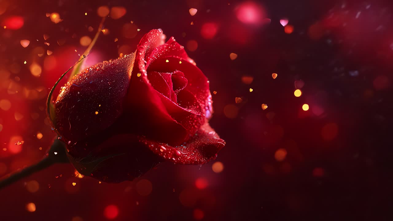 A Stunning Close-Up of a Dew-Kissed Red Rose Surrounded by a Magical Background of Glimmering Lights and Floating Hearts, Symbolizing Love and Beauty