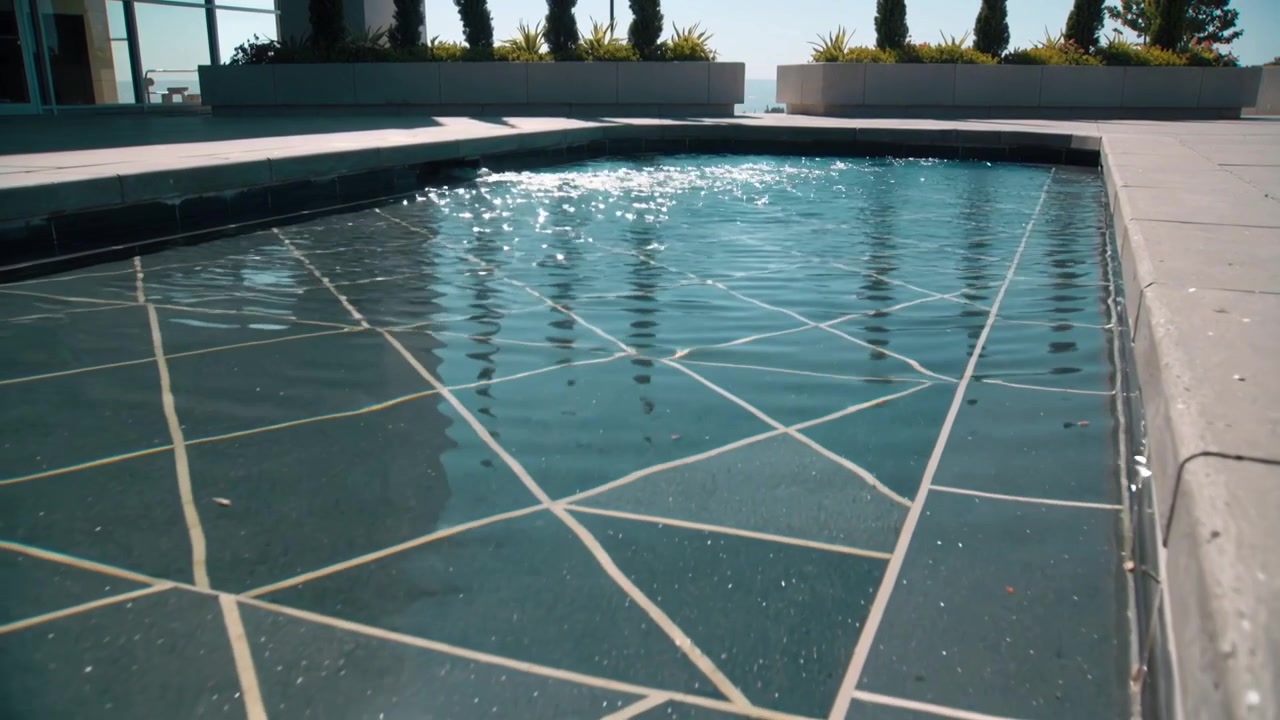 Rippling pool sending ripples across rooftop terrace after coping overflow, showing grout lines