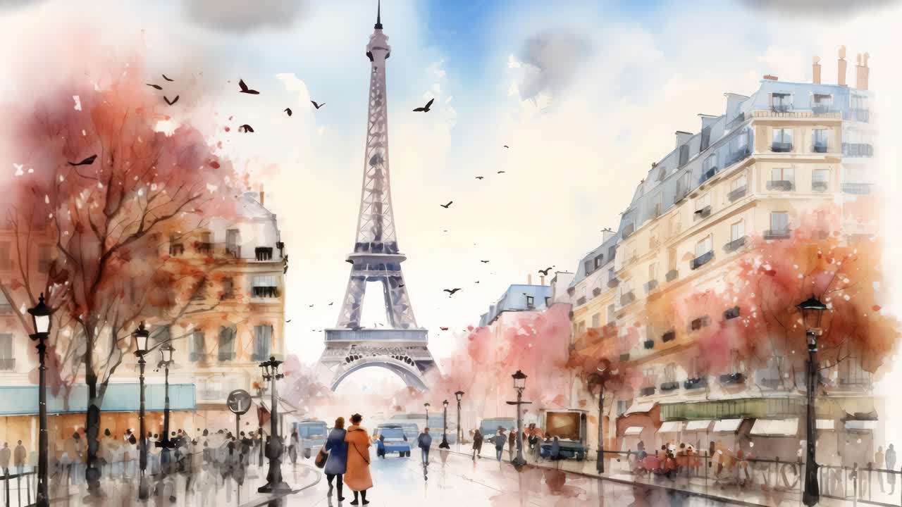 A watercolor-style video concept of Paris in autumn, featuring the Eiffel Tower