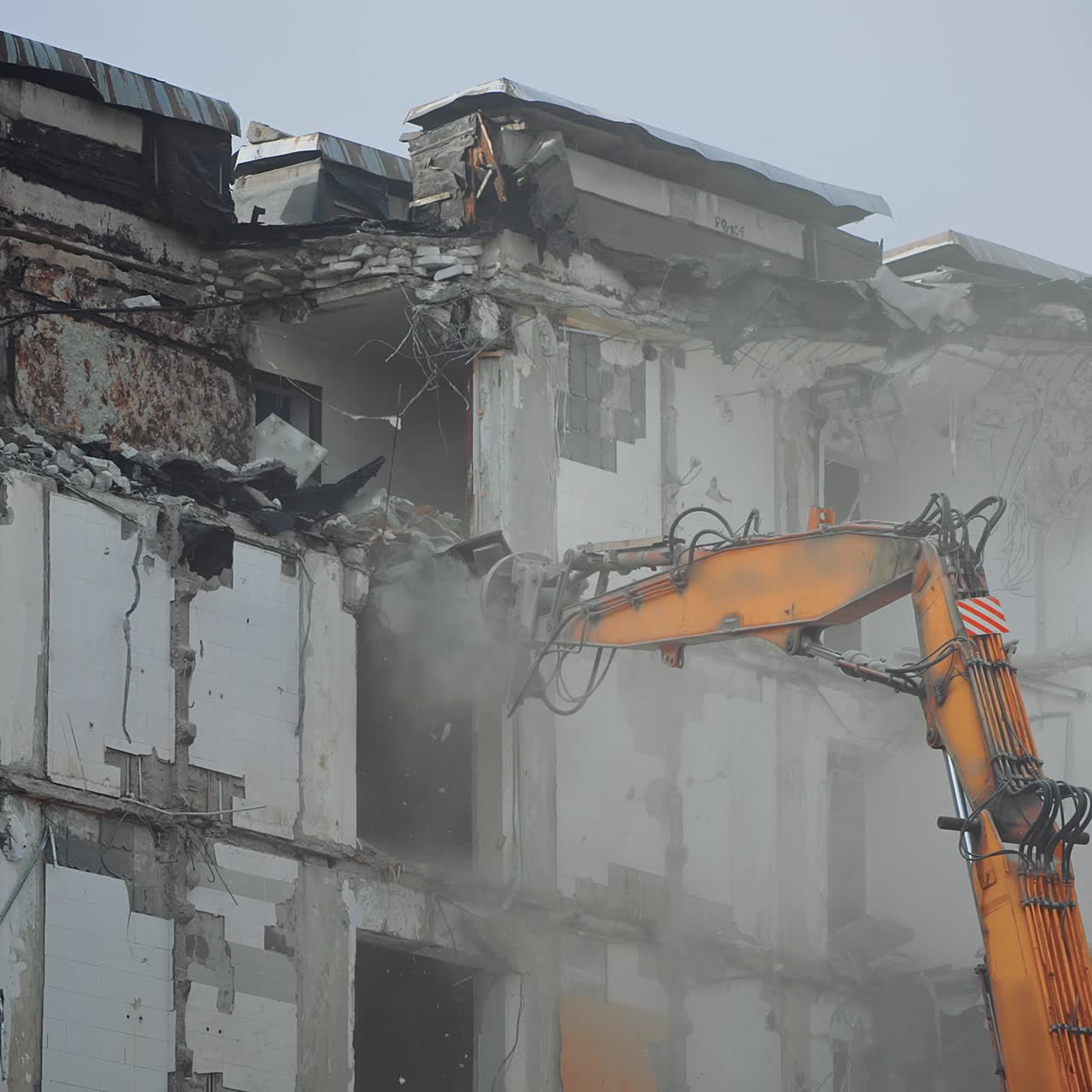 A scoop of demolishing machine breaks off the floors of the destroyed house. Excavator working in the cloud of dust