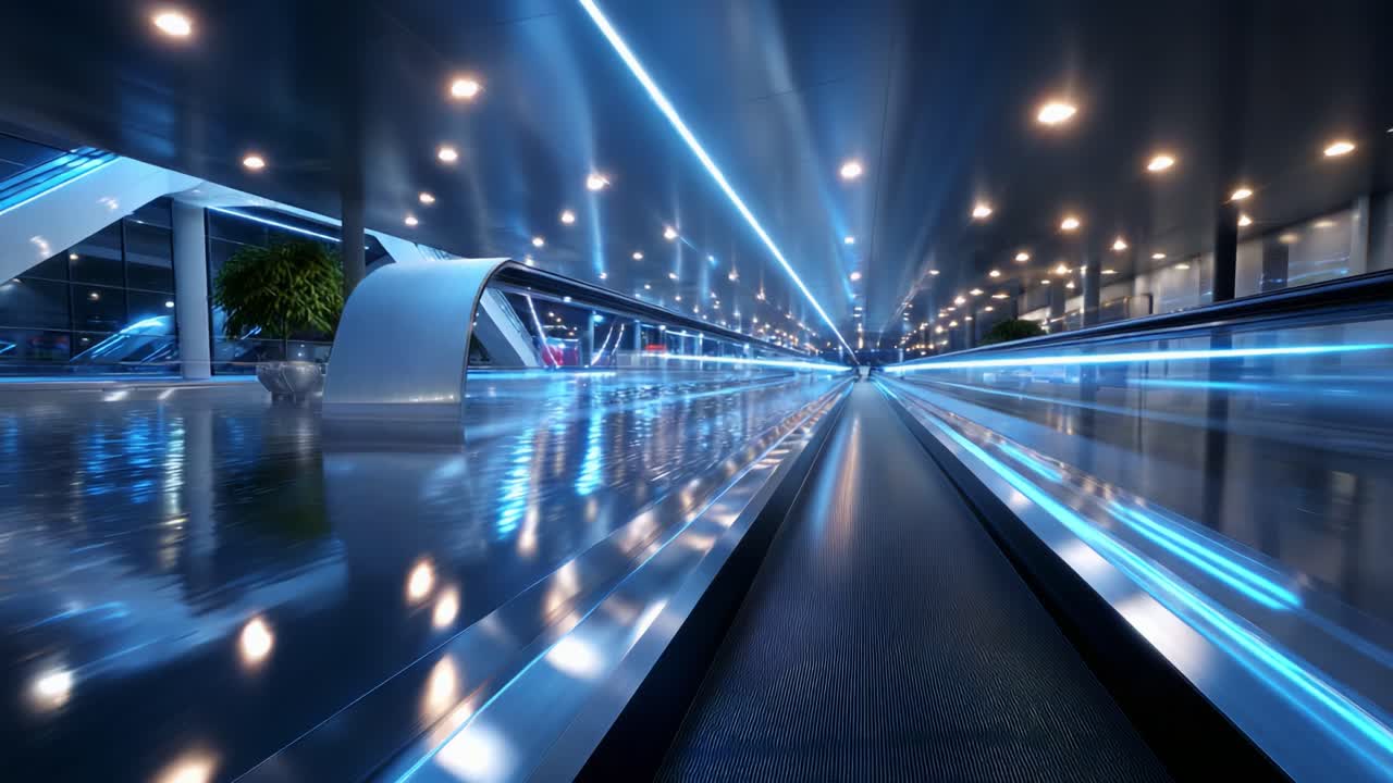 A Futuristic Journey Through a High-Tech Walkway Featuring Vibrant Blue Stripes of Light Reflecting off the Polished Surface, Creating an Immersive Atmosphere of Modernity and Innovation