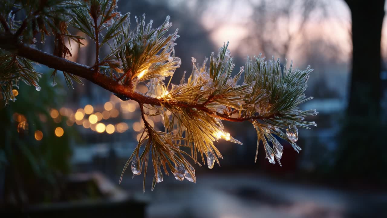 Beautifully Glimmering Pine Branch Adorned with Icy Droplets and Warm Twinkling Lights at Dawn, Capturing the Serene Essence of Winter and the Delicate Intricacies of Nature's Frozen Touch