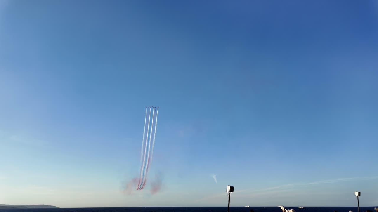 Red Arrows Royal Air Force Team arrival, St pauls Bay, Palm split manoeuvre slow motion