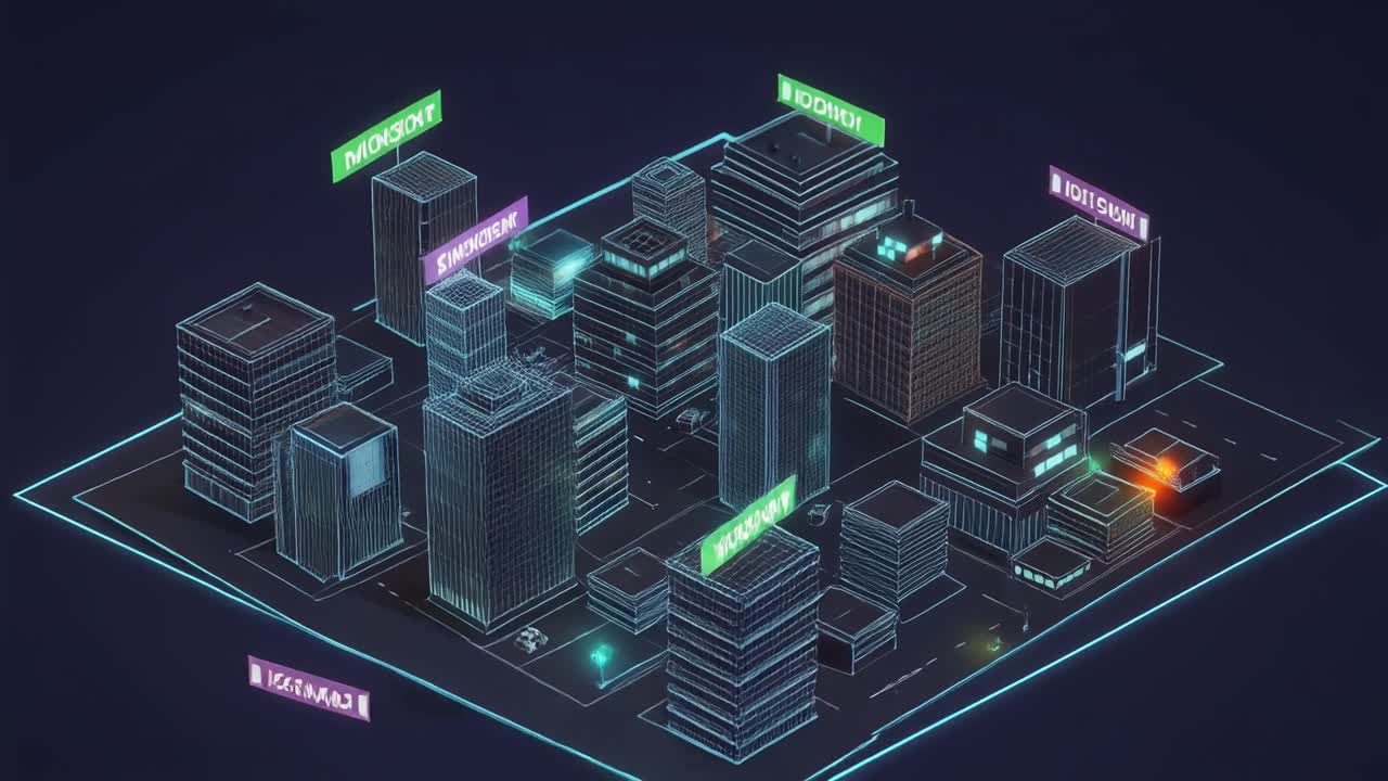 3D Digital City Model with Glowing Wireframe Buildings