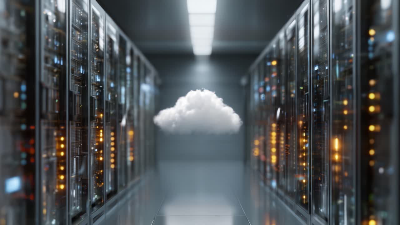 En fantastisk visualisering af cloud computing i et serverrumsmiljø: Udforsk skæringspunktet mellem virtuel teknologi og fysisk infrastruktur.