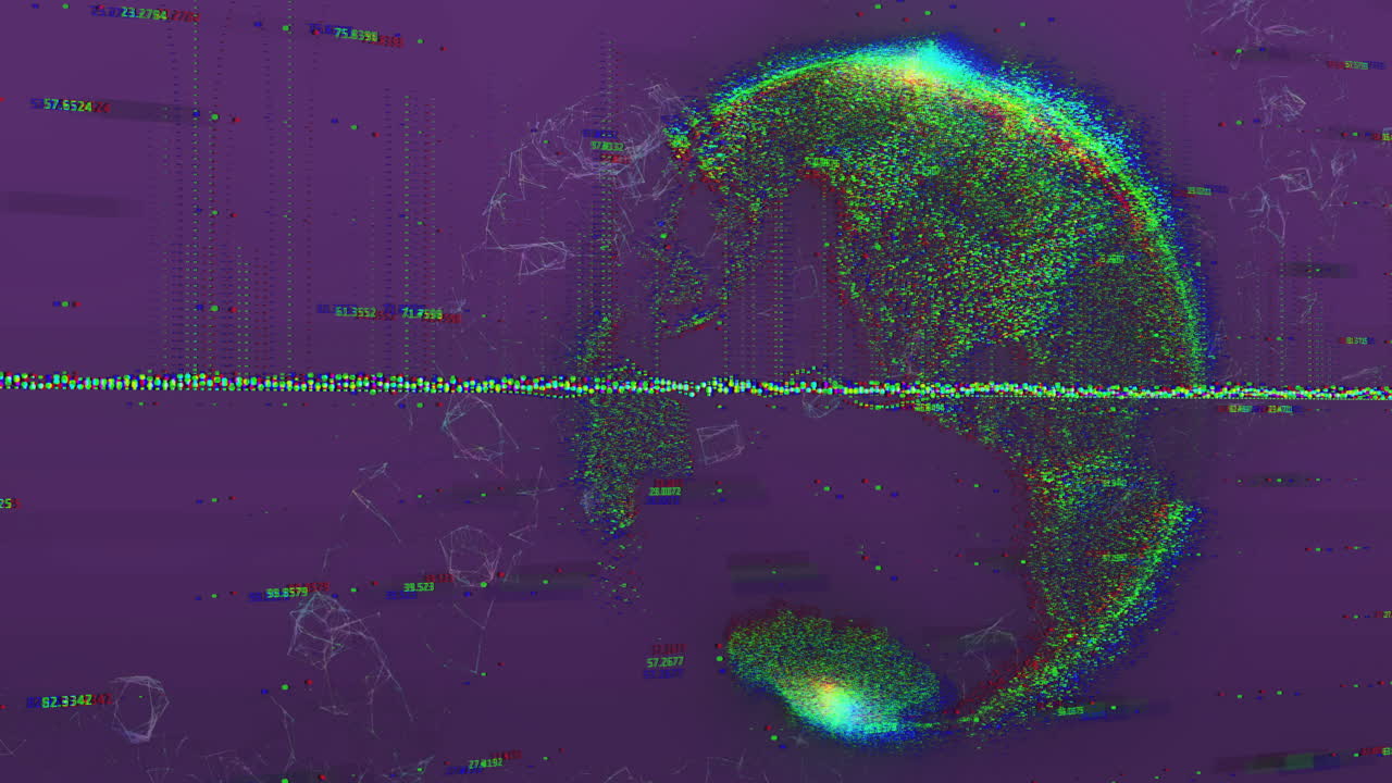 animación del globo, procesamiento de datos digitales sobre un fondo púrpura