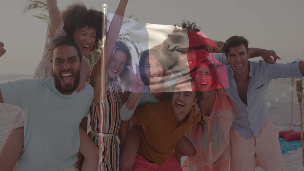 Group of friends celebrating at beach with waving flag overlay animation