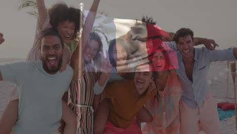group of friends celebrating at beach with waving flag overlay animation