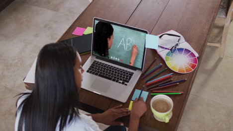 estudiante caucásica usando una computadora portátil en una videollamada con una maestra, tomando notas