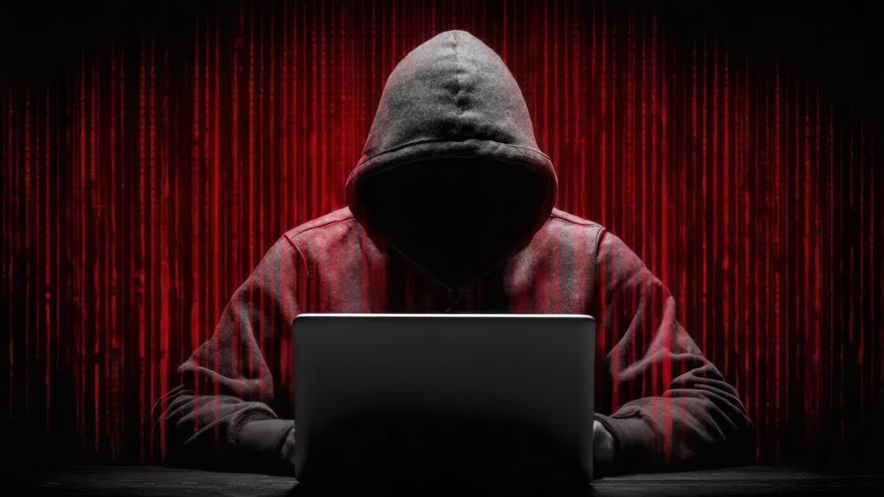 Una figura misteriosa con una felpa scura con cappuccio interagisce con un laptop circondato da codice rosso tremolante, evocando temi di cybersecurity e intrigo