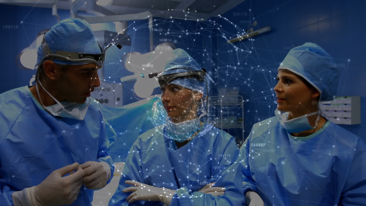 animación del globo con red de conexiones sobre cirujanos en el quirófano