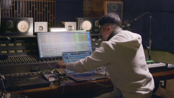 Man working at music recording studio