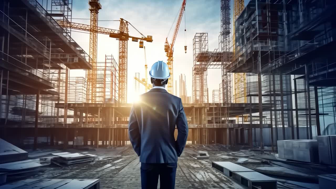 A rear-view shot of a suited engineer with a helmet, overseeing a construction site with cranes