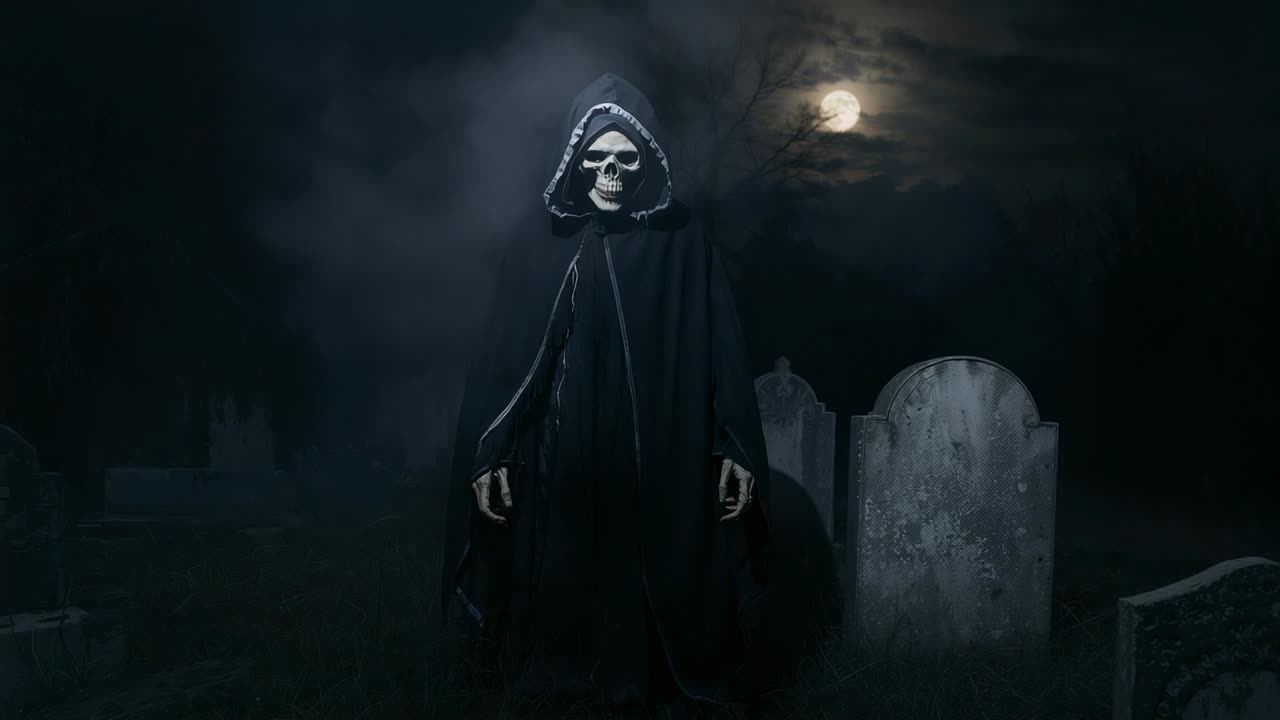 Moon peeking sending mist swirling around hooded skeleton figure in cemetery, evoking dread