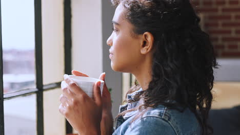 Frau-Trinkt-Eine-Tasse-Kaffee-Am-Fenster